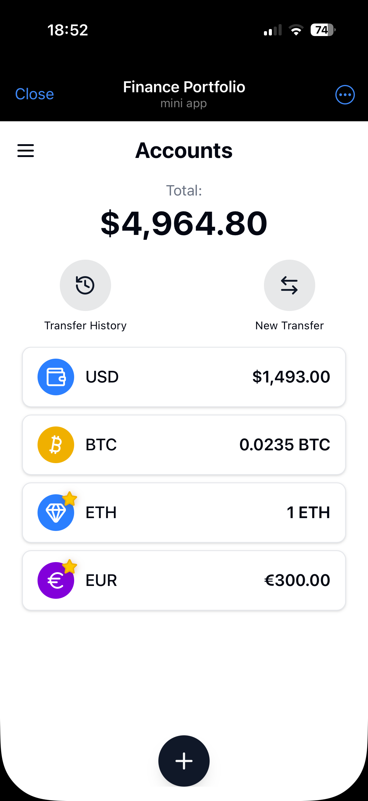 Keep fiat and crypto accounts together with clear balances in one place. Screenshot in Finance Portfolio.
