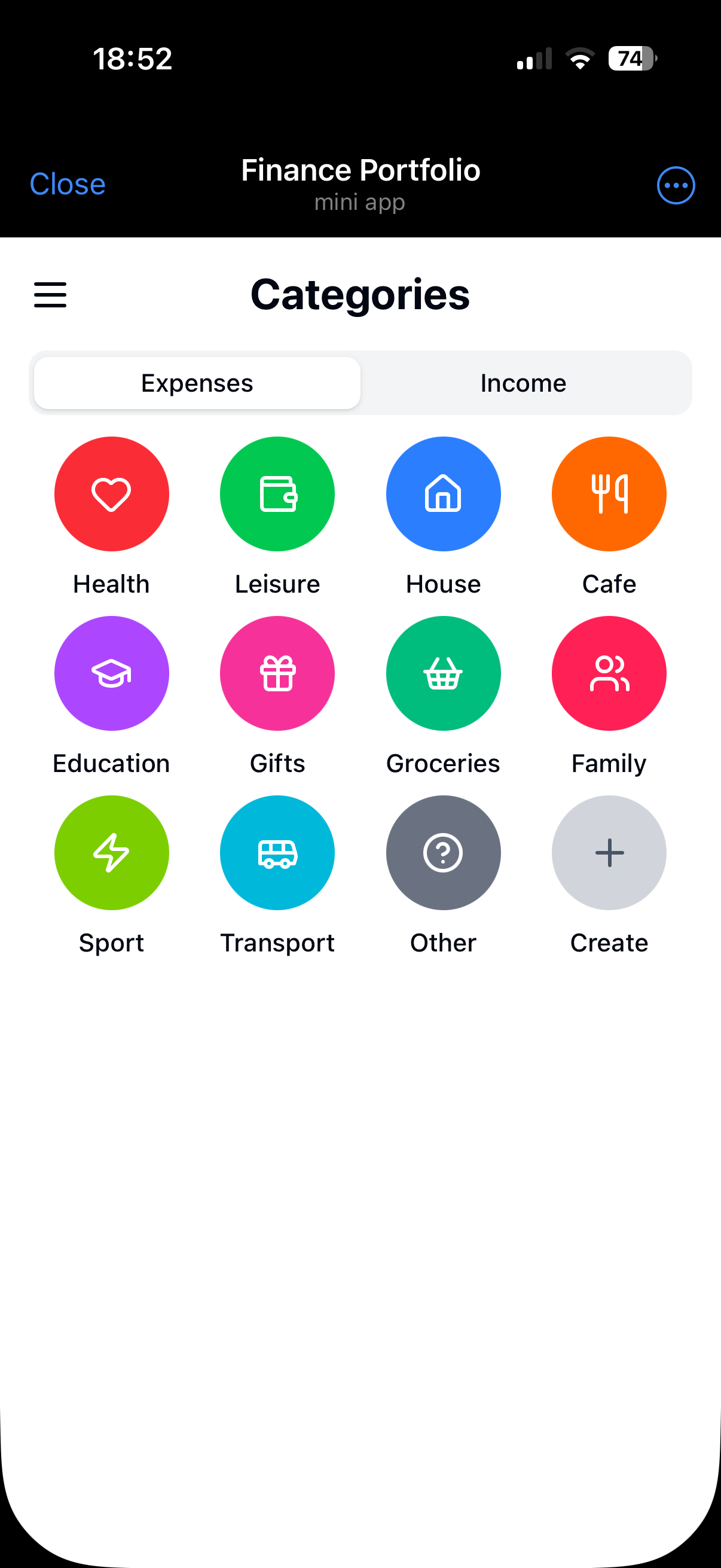 Shape income and expense categories around your real spending habits. Screenshot in Finance Portfolio.
