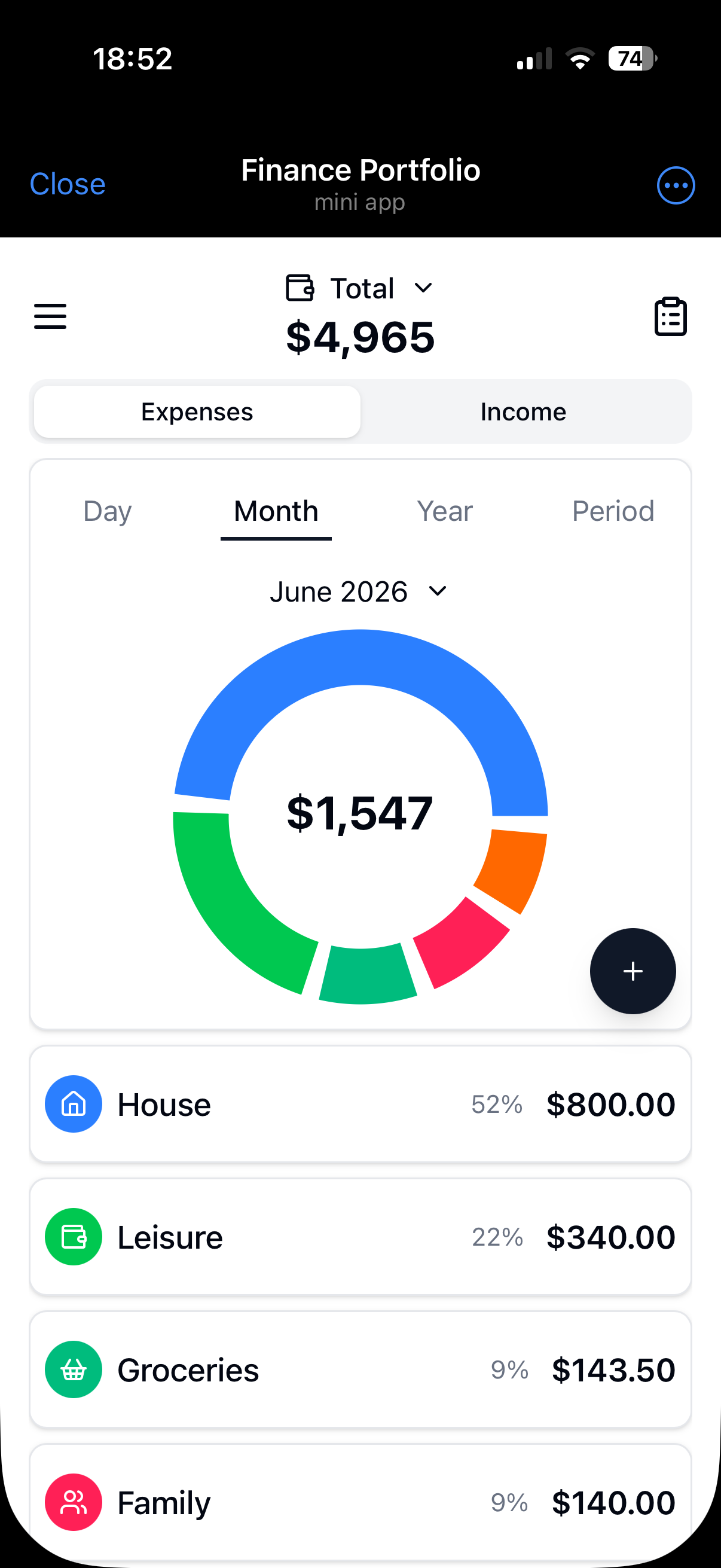 Your budget at a glance: income, expenses and category charts for any period. Screenshot in Finance Portfolio.