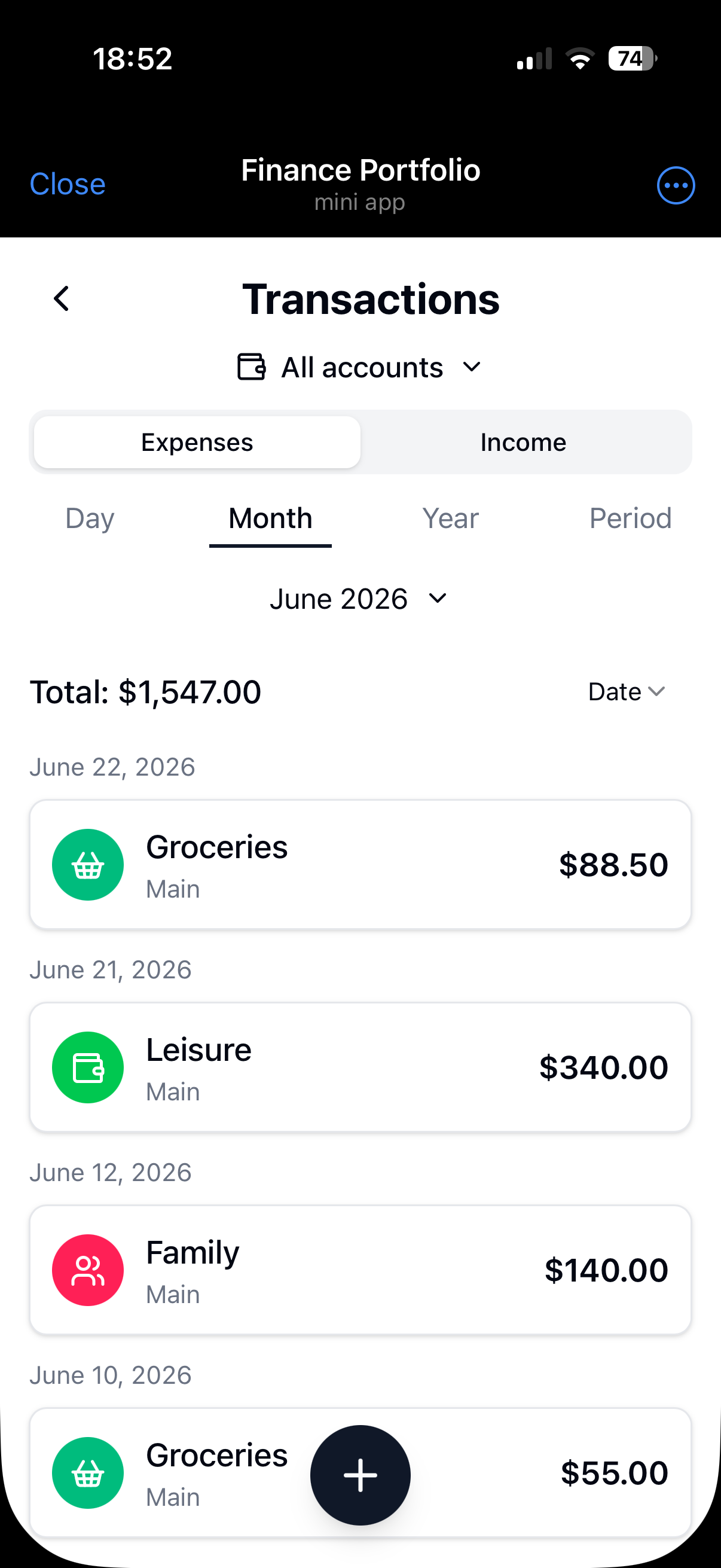 Find every transaction fast with account filters, period filters and sorting. Screenshot in Finance Portfolio.